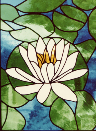 Water lily window in greens and white